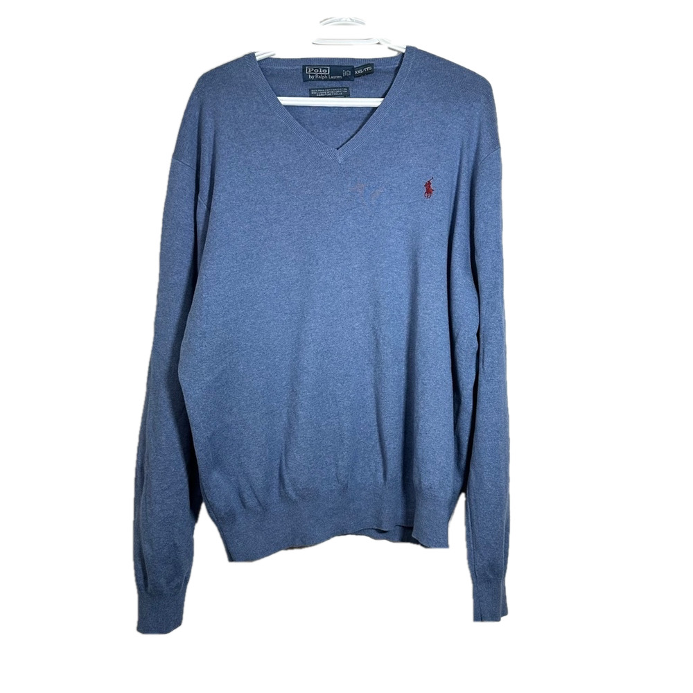 Vintage Ralph Lauren Polo Preppy Knit Sweater Pima Cotton V Neck Blue Size XXL